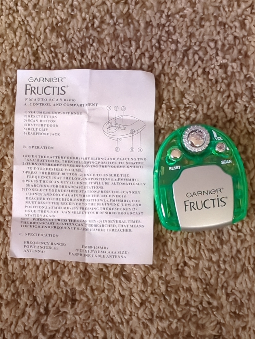 Garnier Fructis Translucent Green Pocket Radio with Silver Faceplate
